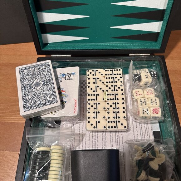 Vtg Multi Game Set Backgammon Chess Checkers Dominoes Poker Dice Cards Complete - Picture 3 of 13